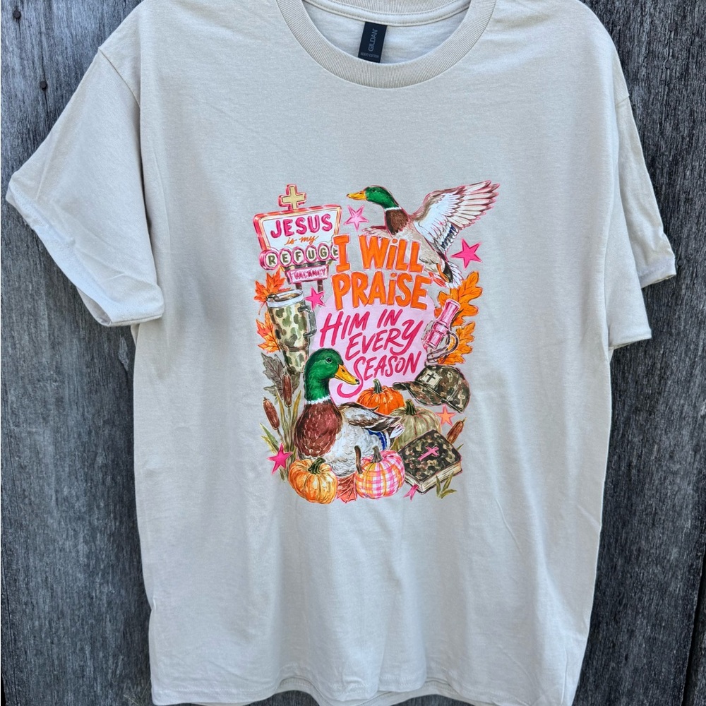 New unisex I Will Praise Him In Every Season Graphic Tee - color Sand